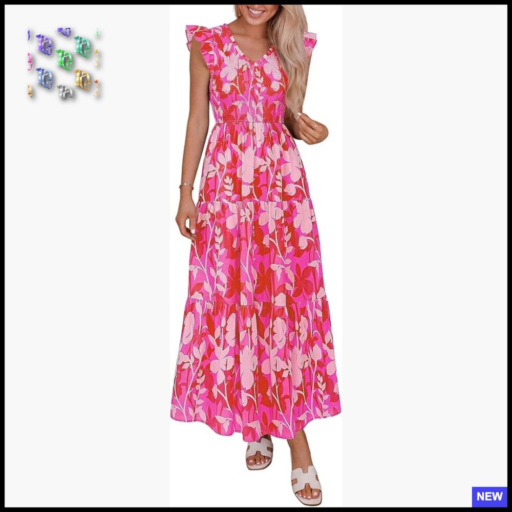 Boho Floral Maxi Dress Smocked V-Neck Ruffle Sleeve Flowy Beach Vacation